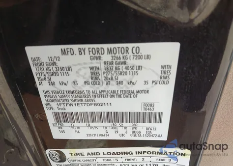 2013 Ford F-150 Lariat from USA, damaged, VIN 1FTFW1ET7DFB02111